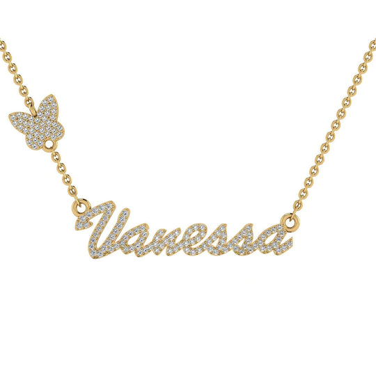 14K Solid Gold Custom Moissanite Name Necklace With Butterfly On Chain For Women