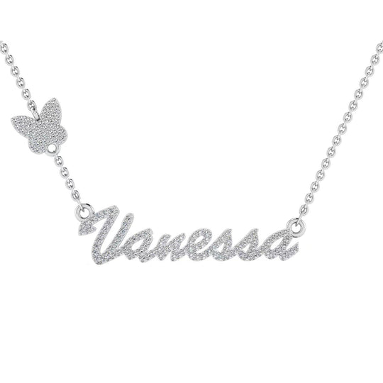 14K Solid Gold Custom Moissanite Name Necklace With Butterfly On Chain For Women