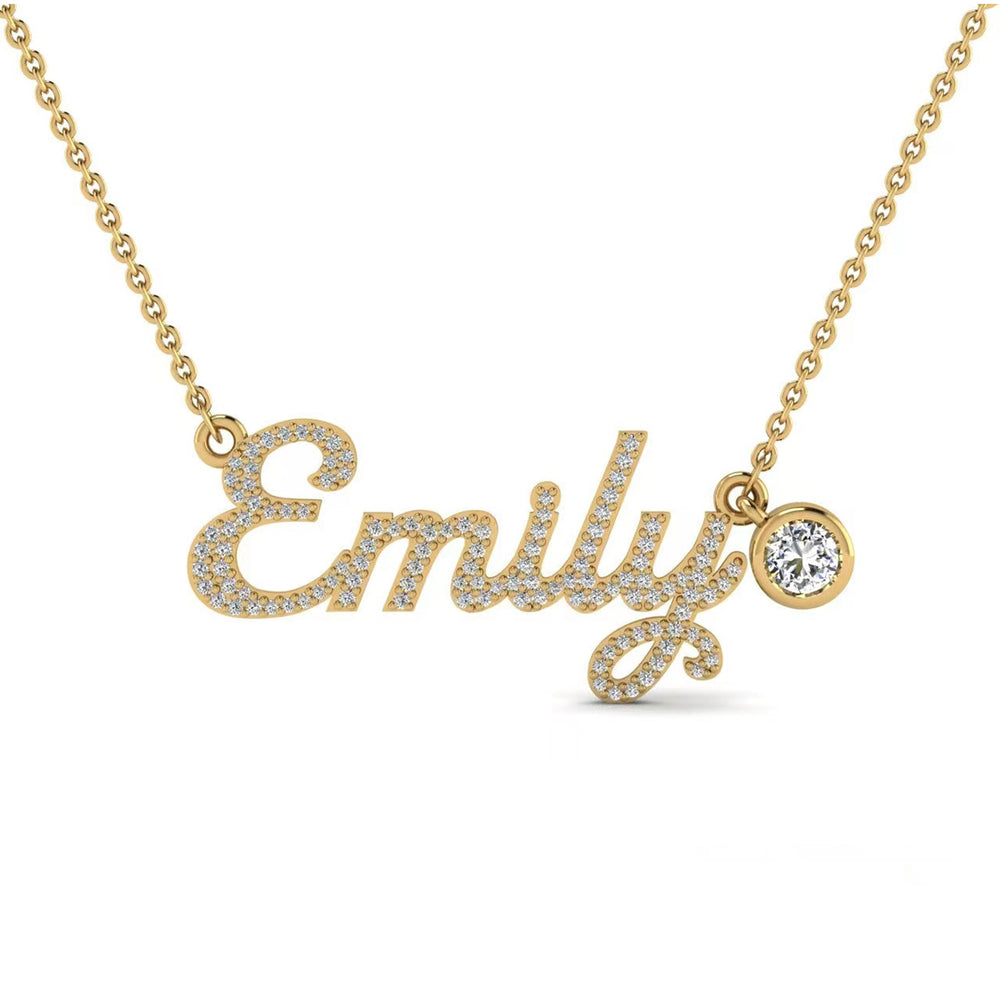 18K Solid Gold Custom Moissanite Name Necklace With 4mm Charm For Women