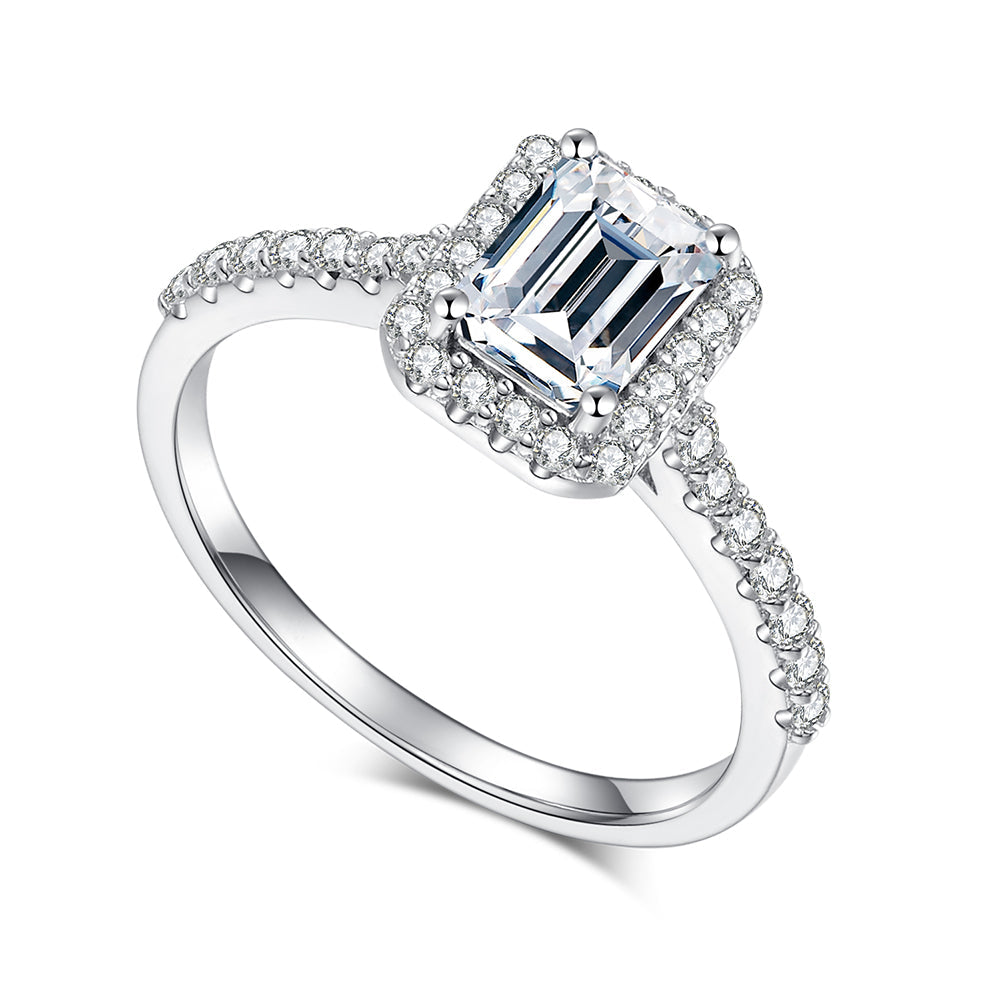 Emerald Cut Halo Design Moissanite Ring