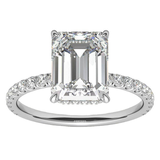 3CT Emerald Cut Hidden Halo Side Stones Moissanite Engagement Ring