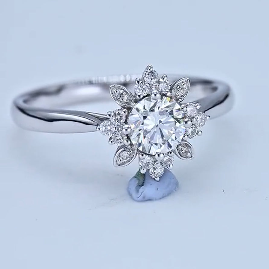 Flower Design Round Cut Moissanite Engagement Ring